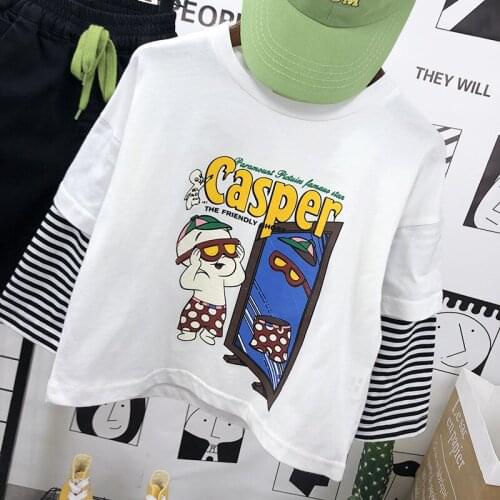 2021 Spring Cotton Casper T-shirt Male Baby Print Long-sleeved Top Stitching Striped T Shirt Baby Clothes Toddler Casual Top Tee
