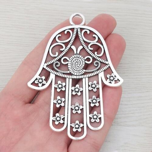 5 x Silver Plated Large Hamsa Hand Filigree Charms Pendants for Necklace Jewelry Making 85x62mm