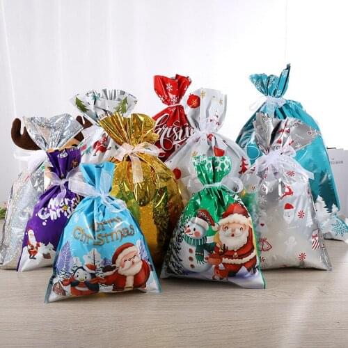 5Pcs/Lot PVC Drawstring Merry Christmas Santa Claus Gift Bags Large Gold Silver Goods Cookies Candy Packaging Bag 29X43/39x51CM