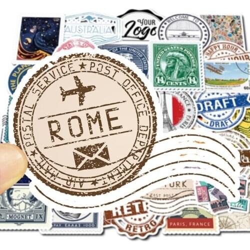 50Pcs Retro Travel Stamp Stickers Laptop Suitcase Scrapbook Skateboard Toys For Children Waterproof Motorcycle Graffiti Sticker