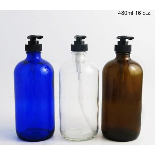 Big Capacity 480 ml 16 Oz Amber Clear Blue Boston Round Glass Liquid Shower Gel Shampoo Bottle with Black Lotion Pump