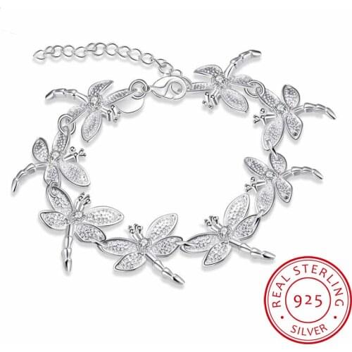 Sweet 925 Sterling Silver Bracelets For Women Dazzling Micro CZ Zirconia Dragonfly Bracelet (18cm+5.5cm) pulseira