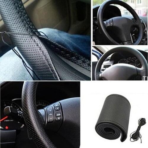 Black PU Leather Steering Wheel Hand Stitched Steering Wheel Cover with Needlework Car Interior Supplies