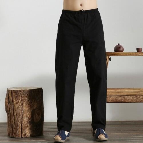 Black pants 100% Cotton Chinese style Traditional Mens Kung Fu Pants Wu Shu Tai Chi Elastic Waist Long loose Trousers