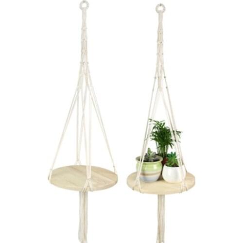 Flower Pot Woven Hanging Basket Wood Net Bag Cotton Rope Wood Ring Type Plant Fresh Gardening Decoration LBS