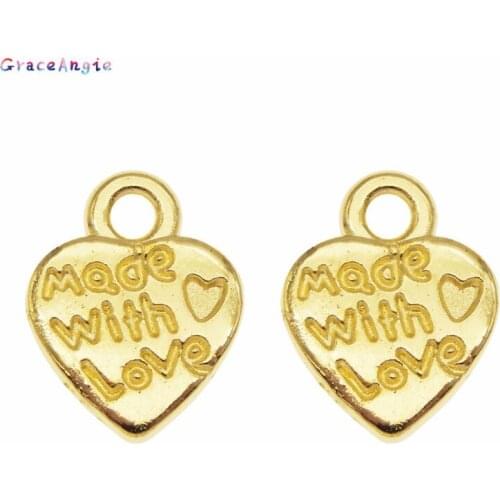 GraceAngie 20PCS Gold Love Hearts Charm Pendant For Bracelet Letters Made With Love Necklace Jewellry Making Necklace Keychain