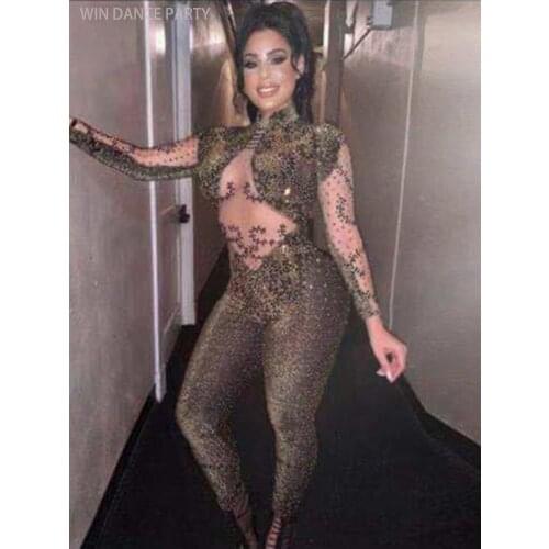 Gold Rhinestones Stretch Jumpsuit Womens Evening Party Wear Black Stones Bodysuit Costume Prom Birthday Celebrate Dance Outfit