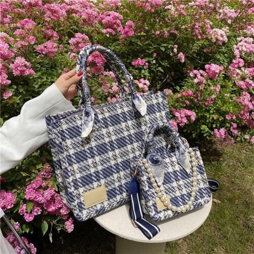Fashion Canvas Plaid Totes Bag Female Pearl Chain Shoulder Crossbody Bag Ladies Blue Large Capacity Handbags Retro Commuter Bags