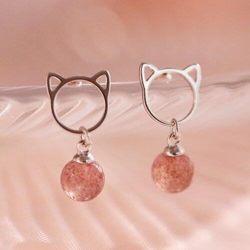 Fashion Cute Cat Drop Earrings Jewelry Hanging Strawberry Crystal Stone Womens Statement Wedding Dainty Fun Gifts