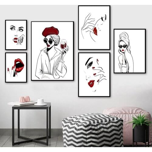 Fashion Parisian Girl Goblet Red Wine Hat Wall Art Canvas Painting Nordic Posters And Prints Wall Pictures For Living Room Decor