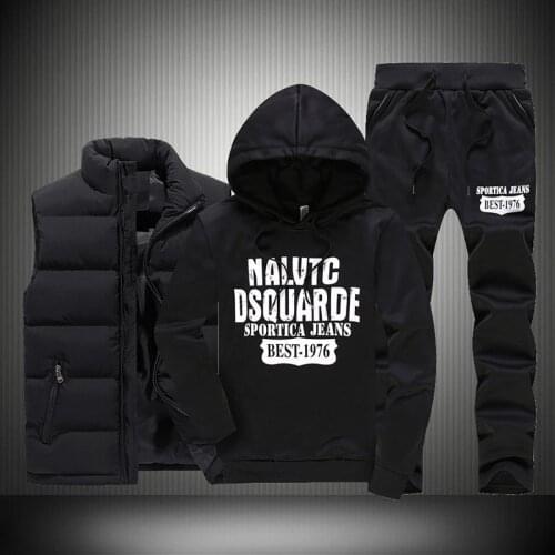 Hooded Fleece Hoodies+Zipper Vest+Sweatpants Winter Thick Warm Tracksuit Men 3 Pieces Fur Sporting Tracksuit Coat Sweat Suit