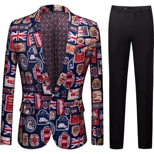 Mens Rice Flag Printed Suit Men Slim Fit Suit Set Blazers Singer Costume Casual Night Party Bar Suit