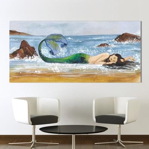 Wall Art Mermaid Beach painting art 100% hand Painted Oil Painting on canvas Home Decor Canvas Pictures For Living Room No Frame