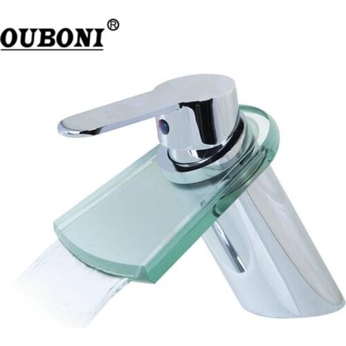 OUBONI Bathroom Faucet Waterfall Glass Waterfall Brass Basin Faucet Bathroom Mixer Tap Deck Mounted basin sink Mixer Tap