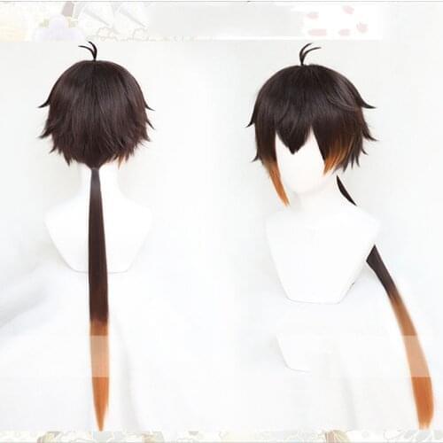 Genshin Impact Zhongli Cosplay 90cm Long Christmas Brown Orange Wig Anime Cosplay Heat Resistant Synthetic Wig + Wig Cap