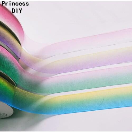 Princess DIY 25Y Gift Flower Wrapping 25mm Gradual Organza Ribbon Voile Taffeta Mesh Tape DIY Hair Bow Wedding Baking Material