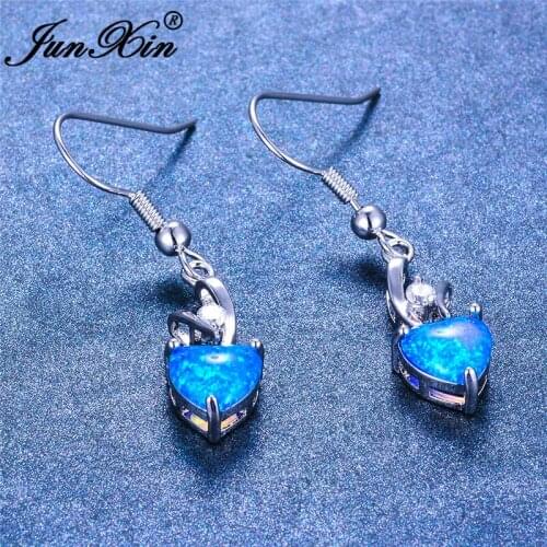 JUNXIN Cute Blue Fire Opal Heart Drop Earrings For Women White Gold Rainbow Birthstone Zircon Dangle Earrings Wedding Jewelry