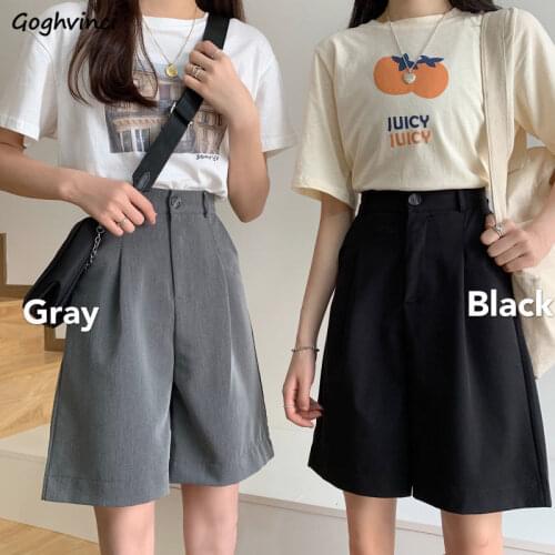 Shorts Women High Waist Elegant Solid Female Office Plus Size All-match England Style Trousers Button Wide Leg Knee-length Chic