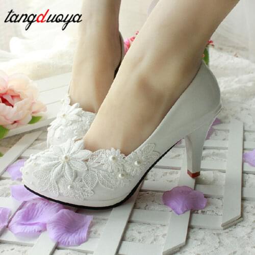 Wedding shoes bride white lace flower wedding shoes woman high heels 2019 women pumps low heels bridal shoes female shoes 8.5cm