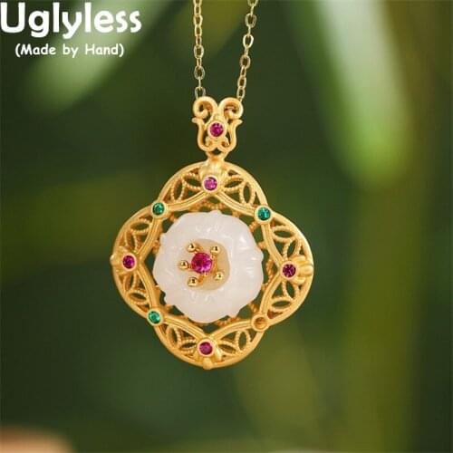 Uglyless Round in Square Geometric Jewelry for Women Jade Emerald Peace Buttons Necklaces NO Chains 925 Silver Hollow Pendants
