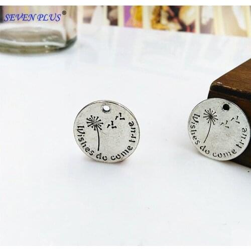 High Quality 20 Pieces/Lot Diameter 20mm Double-sided Wishes do Come True Cute Words Wish Charm Pendant Dandelion Alloy Charms