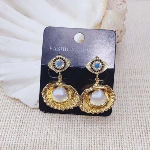 Pearl Earring Natural Freshwater Colorful Rhinestone Eye of the demon Charm Dangle of Earring 24k Gold Plated