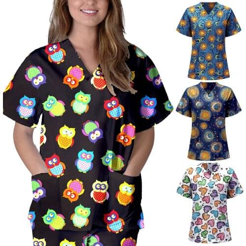 Scrub Uniform Women Short Sleeve V-neck Blouse Working Nurse Uniform T-shirts Cartoon Print Pocket Medical Tunic Carers Workwear