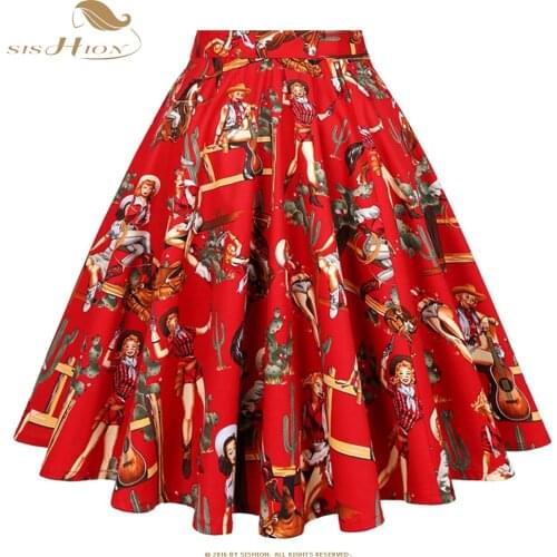 SISHION 2021 New Floral Cowgirls Printed Cotton Vintage Skirt VD0020 Women Clothing Black High Waist Flare Y2K Skirts faldas