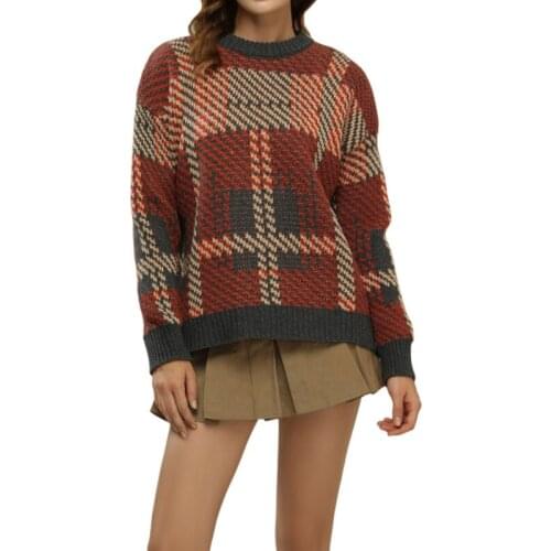 Womens Casual Long-sleeved Loose Sweater Fashion Contrast Color Plaid Round Neck Knitwear Spring Autumn