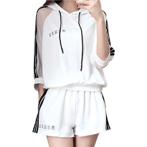 Summer new fashion casual loose sweatshirt striped shorts two-piece large size female tide
