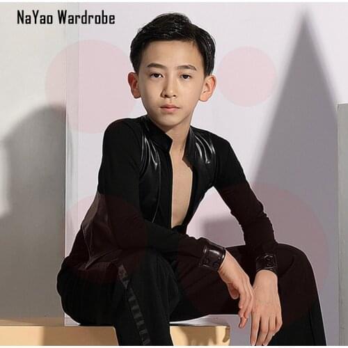 G5036 Long Sleeve Kids Latin Dance Bodysuit Professional V Neck PU Design Male Latin Dancing Tops Belly Ballroom Tango Dresses