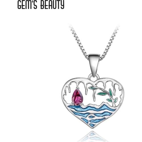 GEMS BEAUTY Natural Pear Rhodolite Handmade Necklace 925 Sterling Silver Olive Branch Heart Necklace For Women Romantic Gift