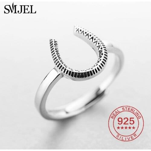 SMJEL 925 Sterling Silver Horse Rings For Girls Children Vintage Lucky Horseshoe Ring Women Animal Jewelry Anel