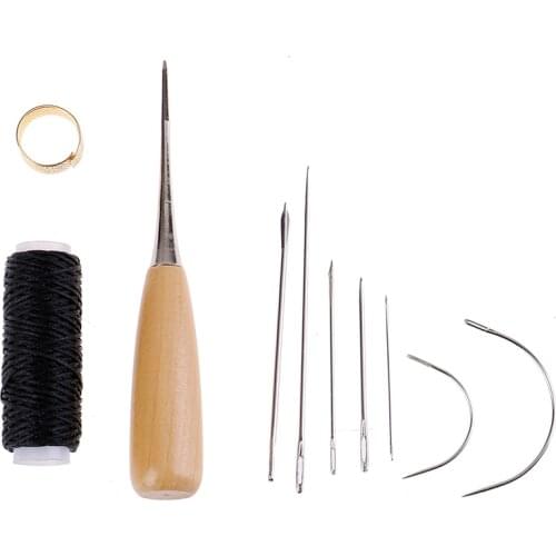 1Set Leather Sewing Needles Stitching Awl Needle Thread Thimble Shoe Repair Tool