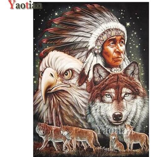 2021 Gift Indian Chief Portrait diamond embroidery full round cross stitch diamond painting animal wolf 3d Picture wall sticker