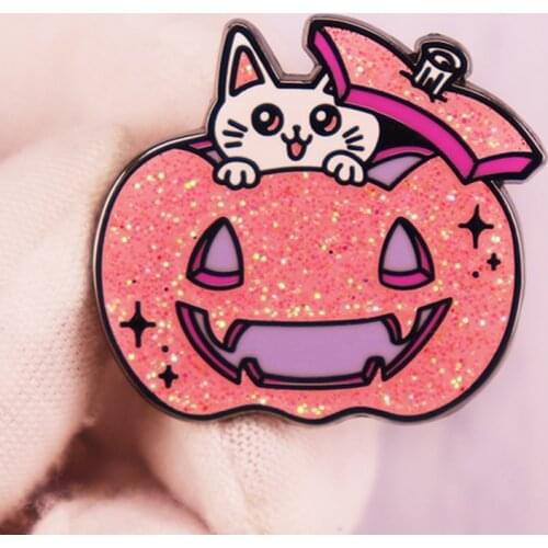 Glitter Pink Pumpkin Cat Halloween Kawaii Kitten Enamel Brooch Pins Badge Lapel Pin Brooches Jeans Fashion Jewelry Accessories