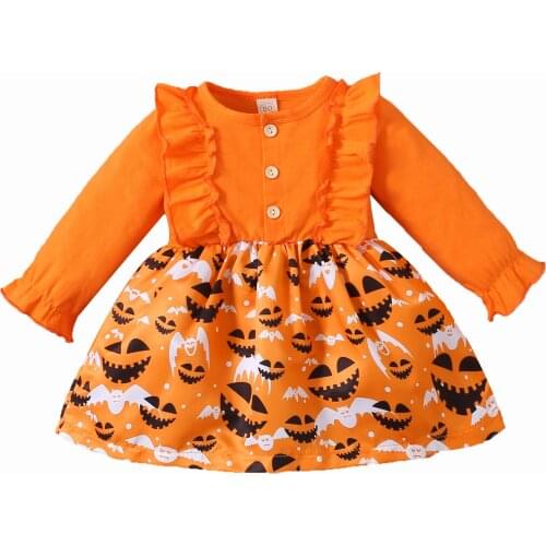 OPPERIAYA Infant Halloween Ruffle Dress Kids Baby Girls Autumn Cotton Ghost Bat Print Long Sleeve Round Neck Dresses