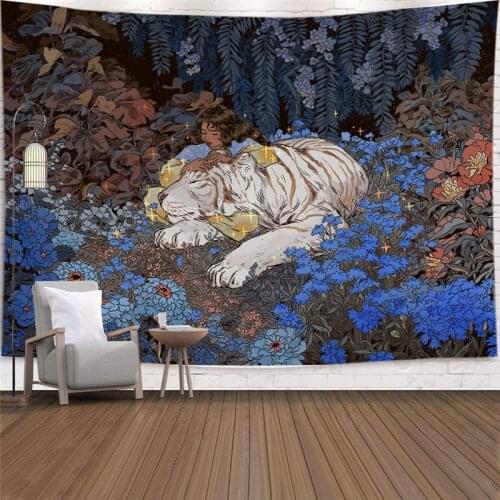 Jungle Girl Tiger Tapestry Wall Hanging Landscape Forest Flower Tapestries for Living Room Art Wall Cloth Ceiling Home Decor