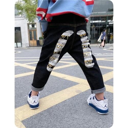 2-8 Years Kids Boys Jeans Pants Spring Autumn Baby Korean Fashion Print Jeans Elasticity High Quality Black Denim Pants For Boy