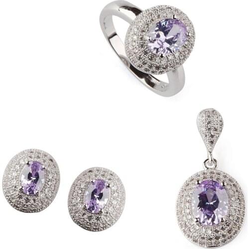 Fleure Esme Luxury women wedding jewelry sets for women (ring/earring/pendant) dropshipping Light purple cubic zirconia R3182set