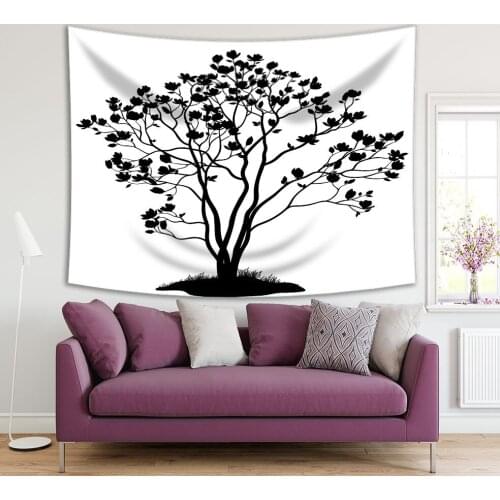 Tapestry Spring Magnolia Tree with Flowers Leaves and Grass Black Silhouette Isolated on White Background