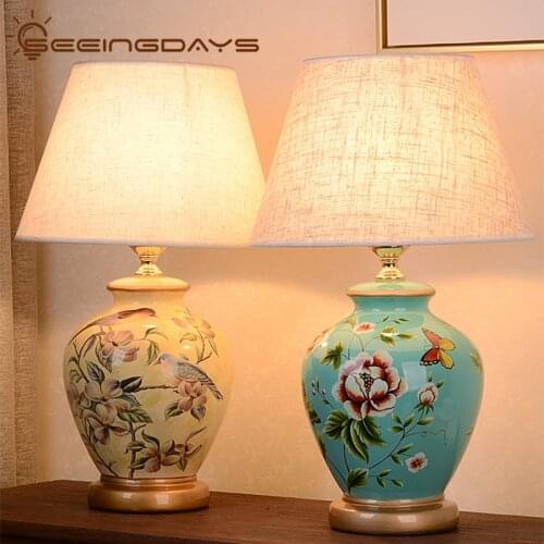 American Style Bird and Flower Ceramic Table Lamp for Bedroom Bedside Lamp Home Living Room Study New Chinese Desk Lamp
