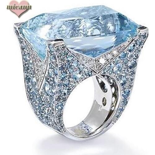 Rings Women Fashion New Blue Square Female Luxury High Temperament Retro Lote Lake Zircon Two-Tone Gift Accesorios Engagement