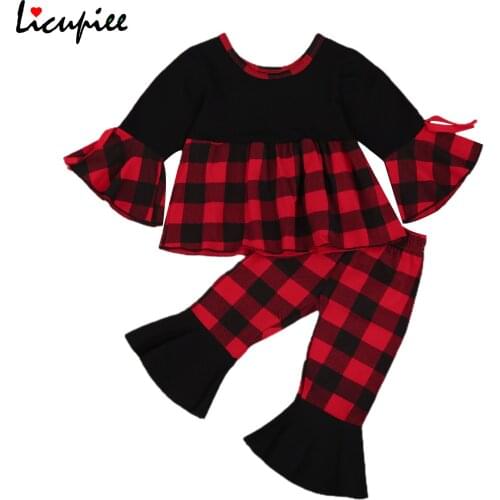 Little Girls Clothing Set 2 Pcs Set Suit Flared Plaid Trousers Long Flared Sleeve with Drawstring Lace Pullover Top 1-4 Years