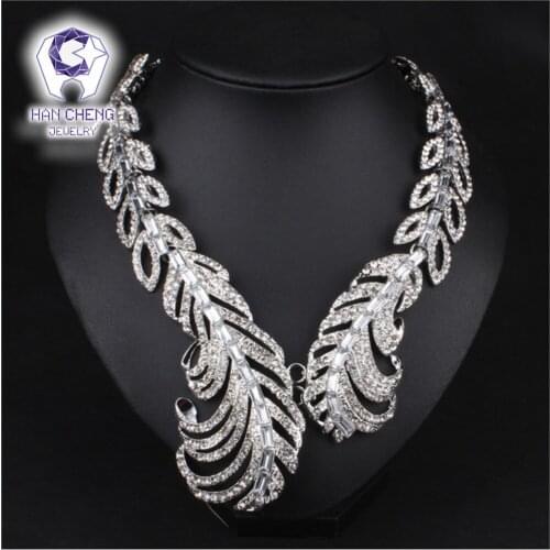 Fashion Luxury Full Rhinestone Carved Feather Created Crystal Silver Plated Statement Maxi Choker Necklace Women Jewelry collier