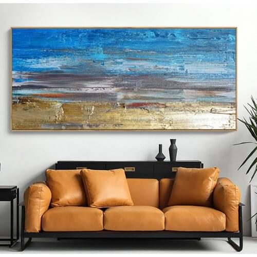 Wall decor painting blue acrylic canvas pictures for living room abstract wall art hand painted canvas oil paintings horizontal