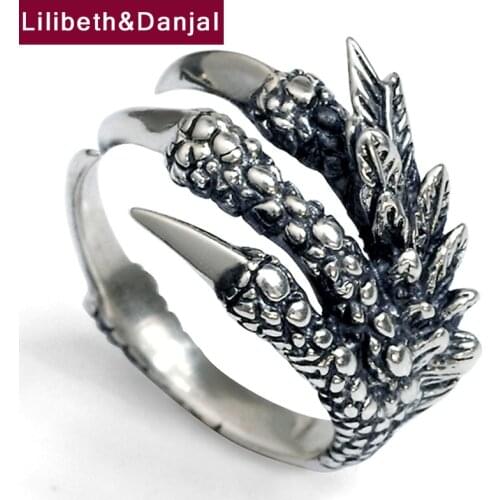 Initial Ring 100% Pure 925 Sterling Thai Silver Dragon Claw Vintage Punk Adjustable Ring Jewelry Women Men 2020 New Arrival R37