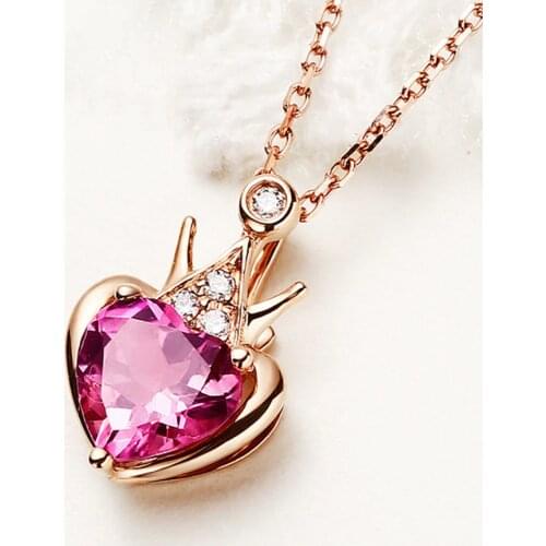 Small Ruby gemstones diamond heart crown pendant necklaces for women jewelry bijoux pink crystal rose gold tone choker gifts