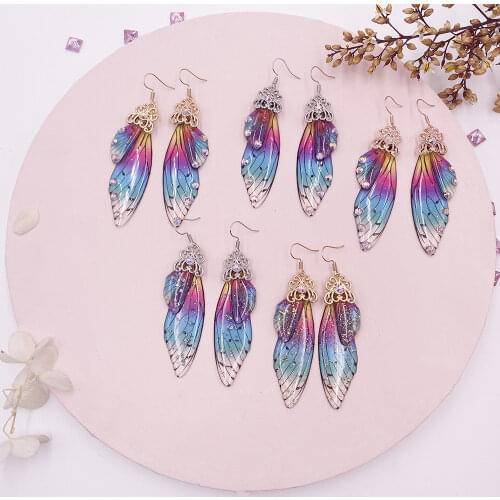 Handmade Fairy Simulation Butterfly Wings Earrings Insect Wing Drop Earrings Foil Rhinestones Earrings Romantic Bridal Jewelry