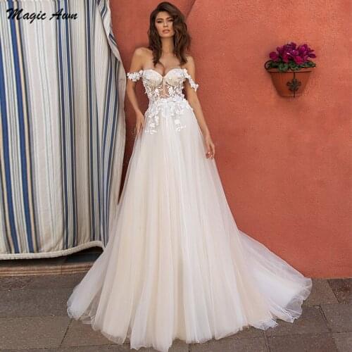 Magic Awn Off The Shoulder Boho Wedding Dresses Champagne Lace Appliques Illusion Beach Mariage Gowns A-Line Vestido Branco